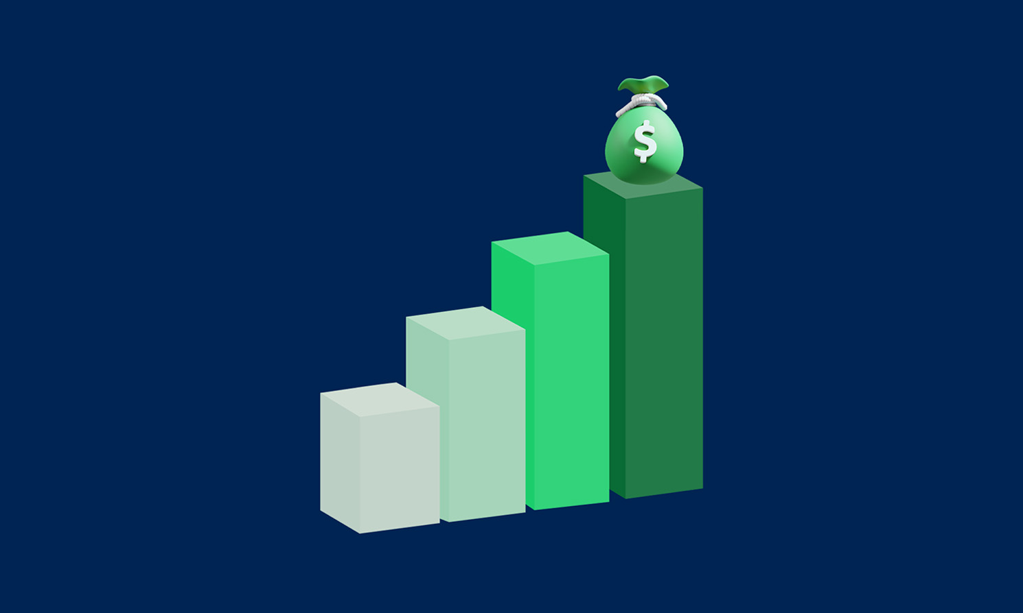A green, 3D bar graph graphic on a dark blue background. There is a bag of money at the highest point of the graph to represent financial success and how financial reviews can get you there.